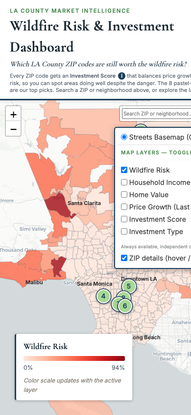 Final dashboard on a narrow mobile viewport with the masthead text wrapping above the map