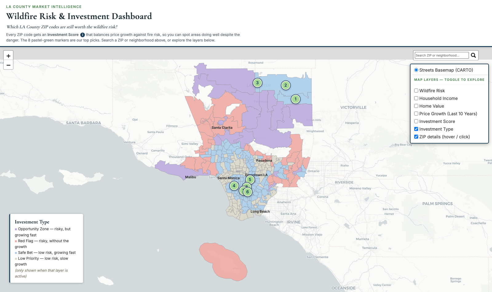 Final dashboard with the Investment Type layer active, showing pastel categories for opportunity zone, red flag, safe bet, and low priority