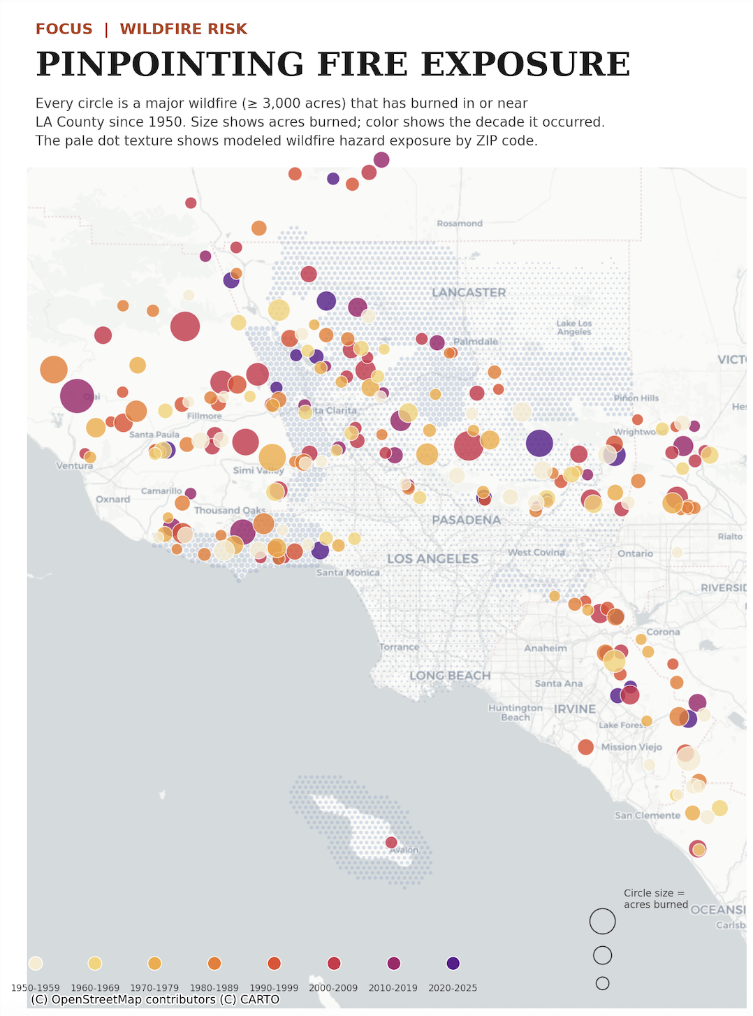 Iteration one: a static map of historical LA wildfires as circles sized by acres burned and colored by decade