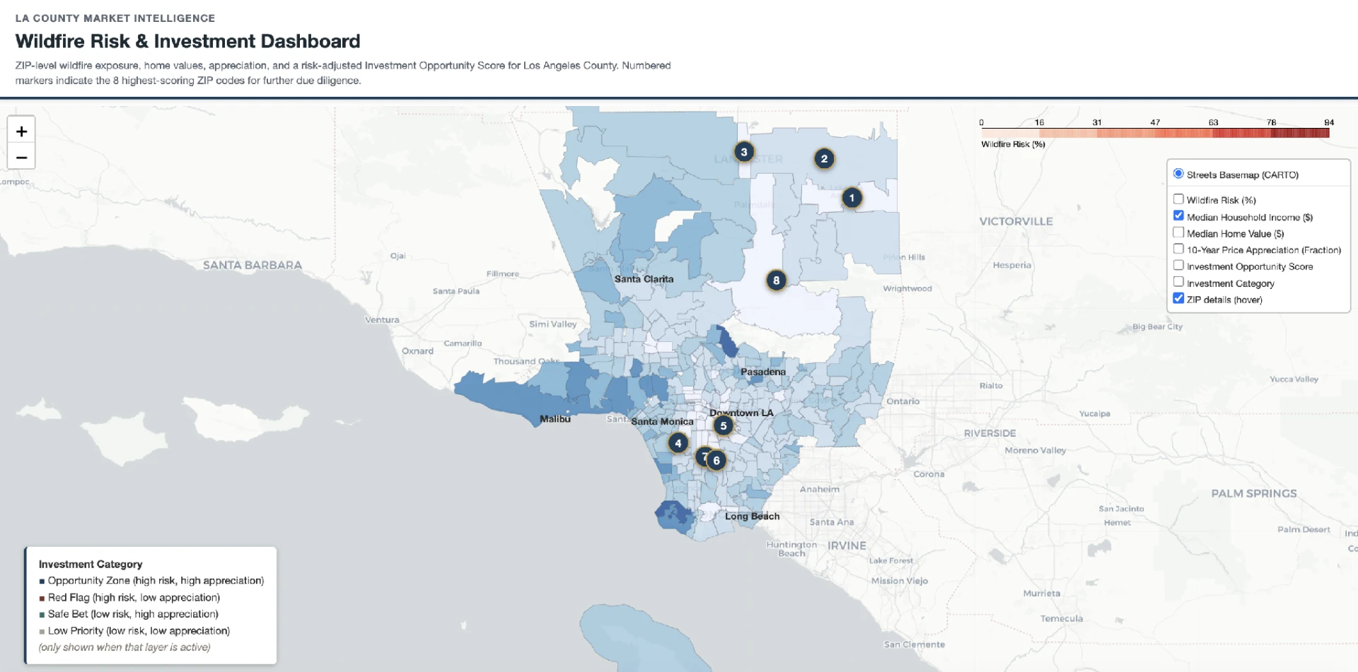 Midterm dashboard with the household income layer active but the legend still showing the wildfire risk color scale